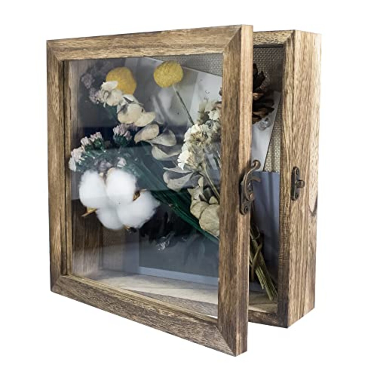 GraduationMall 8x8 Shadow Box Frame Solid Wood Glass Door Display Case with Linen Back and 6 Stick Pins,1.5 inches Interior Depth,Ideal for Memorabilia Pictures Flowers Medals Tickets
